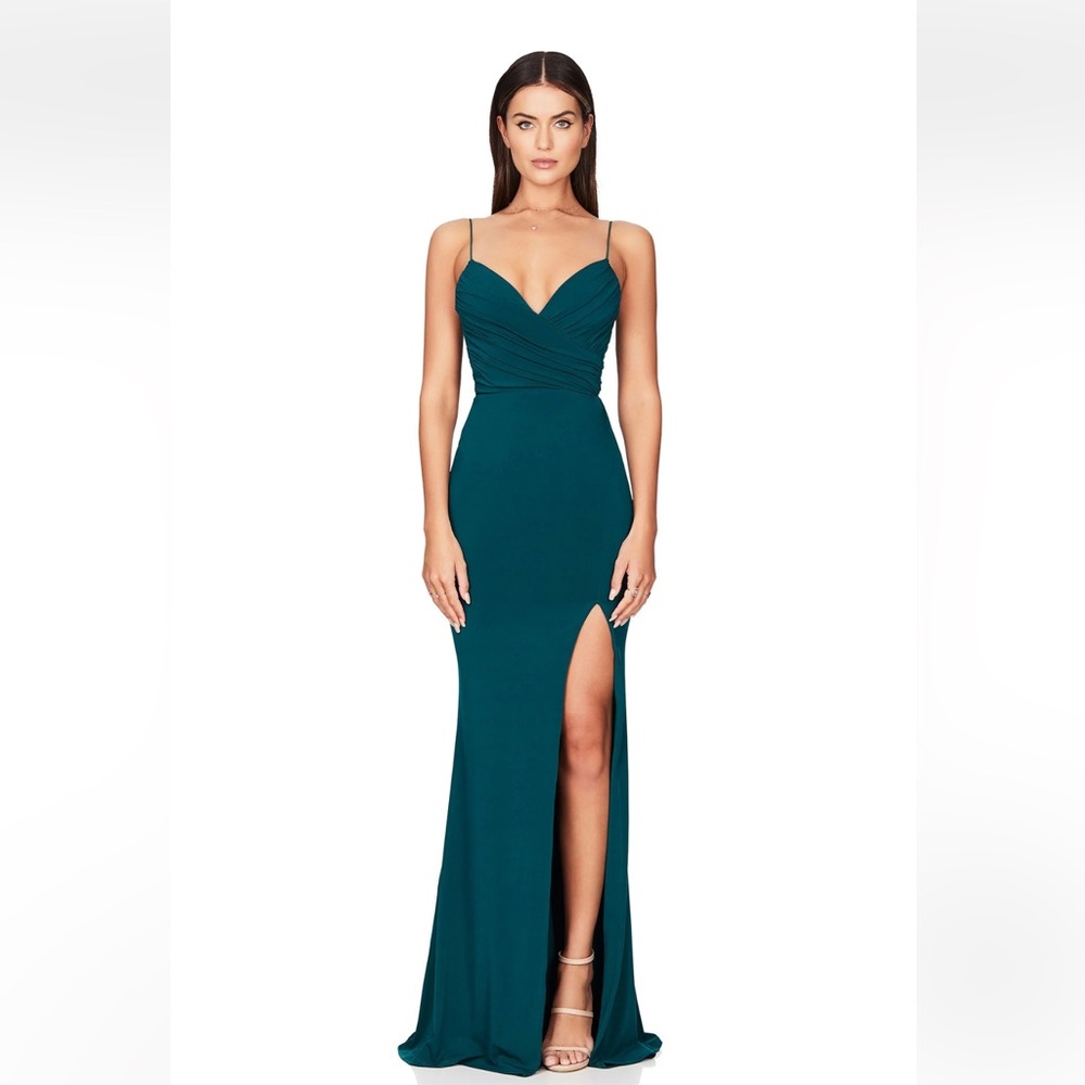 Nookie Teal V-Neck Spaghetti-Strap Evening Gown with High Slit